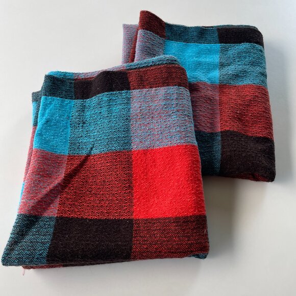 Vintage 80s curtains, bold blue, red, black plaid, pair of rod header panels - Picture 9 of 9